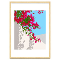 Bougainvillea Blossom, Greece Tropical Summer Travel, Santorini Architecture White Buildings Floral Nature Garden