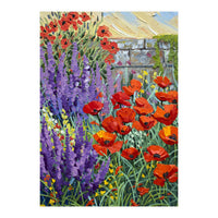 Vibrant Summer Poppy and Lavender Garden Oil Painting (Print Only)