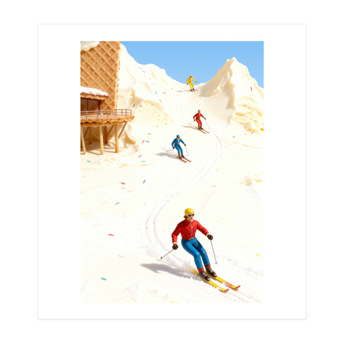 Skiing on Ice Cream Mountains, Miniature Skiers Winter Art Print for Kitchen Decor (Print Only)