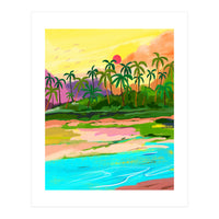 Tropical Backwaters Of Kerala, Nature Jungle Forest Landscape Painting, Dreamy Scenic Travel Lake Palm Bohemian (Print Only)