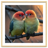 Two Lovebirds Perched On A Branch At Sunset thumbnail