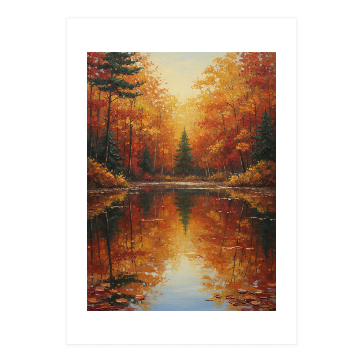 Golden Autumn Reflection: Impasto Forest Landscape (Print Only)