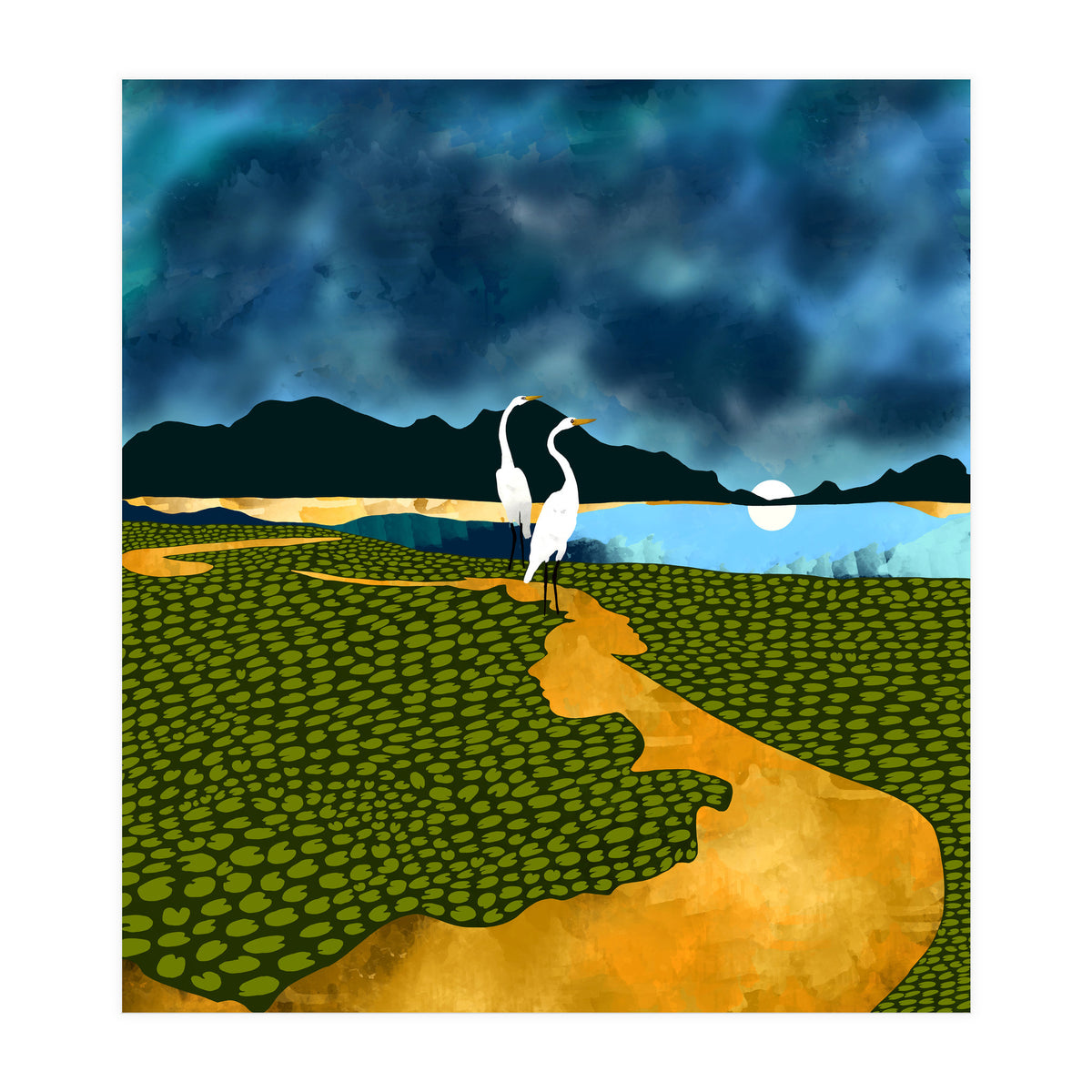Great Egrets On Honeymoon Island, Heron Wildlife Painting Nature Landscape, Travel Dark Scenic Birds Love Animals Lake Bohemian (Print Only)