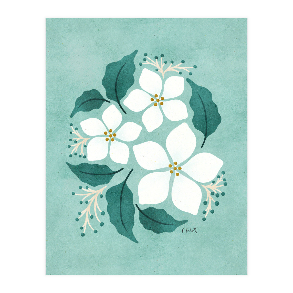 White Flowers On Mint (Print Only)