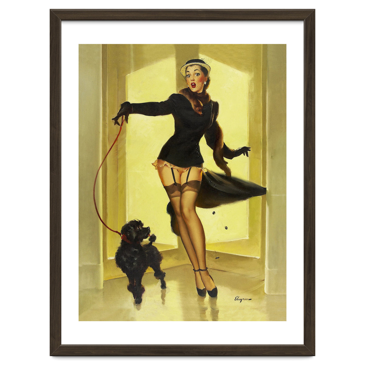 Pinup Girl In Black Dress On A Hall Experiencing Sudden Wind
