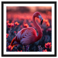 Pink Flamingo Bird Standing Among Flowers At Sunset