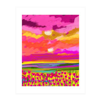 Two Suns, Pink Nature Painting Sky, Maximalist Landscape Pop Of Color Eclectic, Sunrise Sunset Meadow Boho Modern Contemporary (Print Only)
