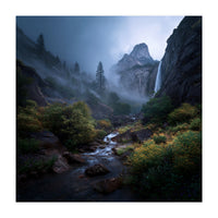 Majestic Misty Mountain Valley with Cascading Waterfall (Print Only)