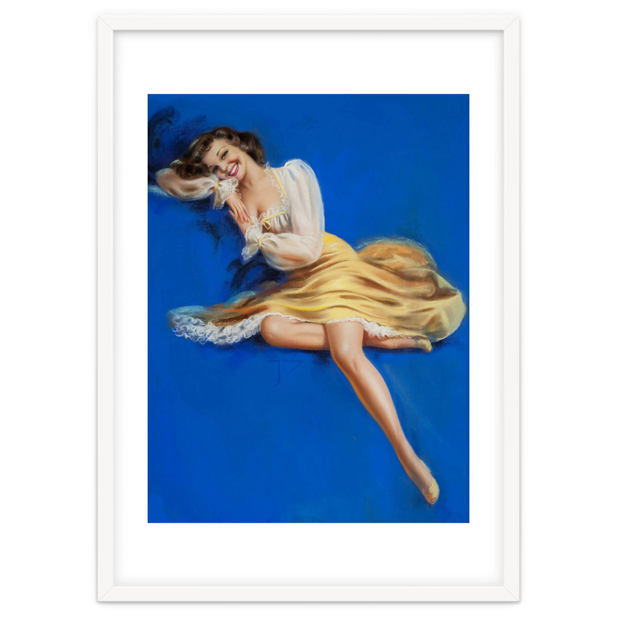 Pinup Girl Posing In Studio Over The Blue Background