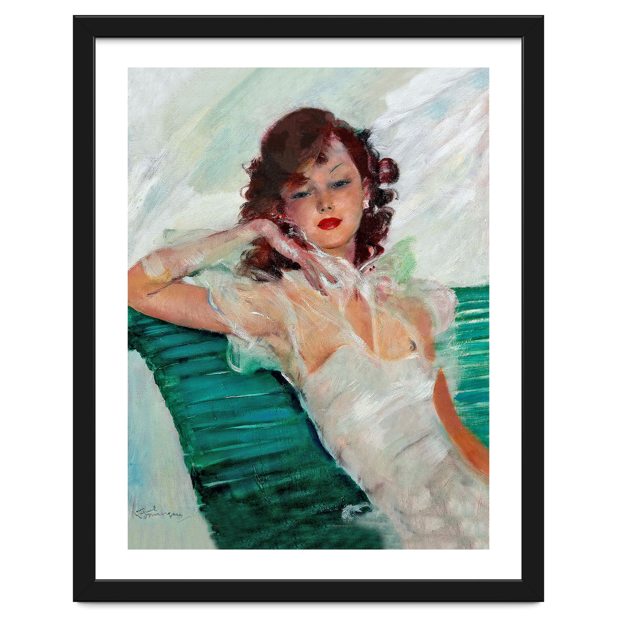 Girl Is Resting On A Green Bench, Watercolor Painting