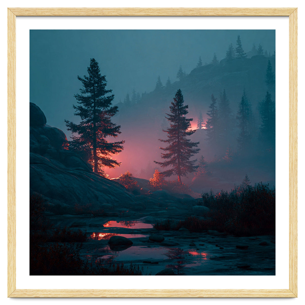 Atmospheric Twilight Pine Forest with Glowing Crimson Light