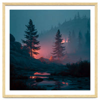 Atmospheric Twilight Pine Forest with Glowing Crimson Light