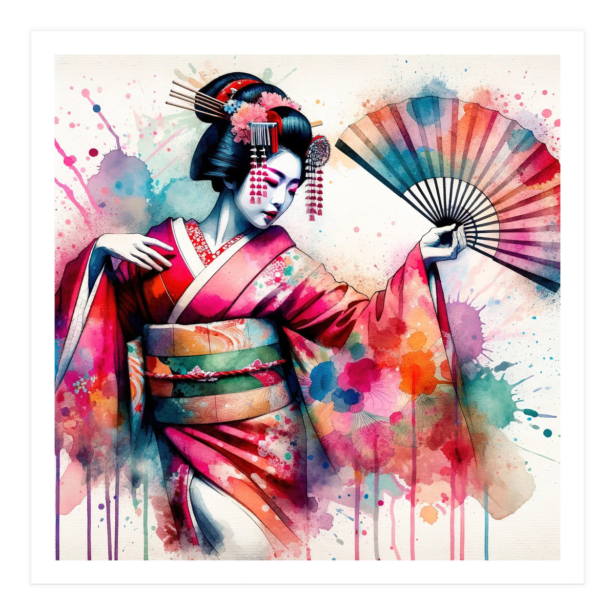 Vibrant Geisha With Rainbow Hand Fan (Print Only)