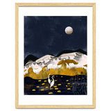 Midnight Lake, Stork Wildlife Animals Abstract Painting, Nature Landscape Travel Adventure Full Moon Night, Eclectic Gold Birds Magical Bohemian thumbnail
