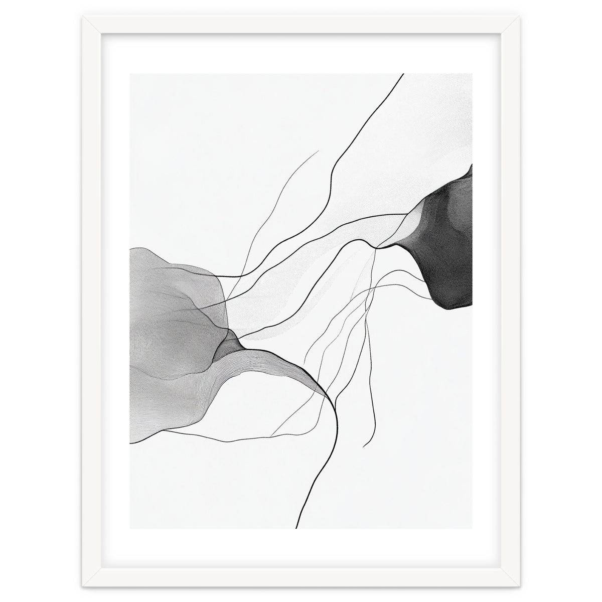 Abstract Black And White Flowing Lines And Shapes On White Background