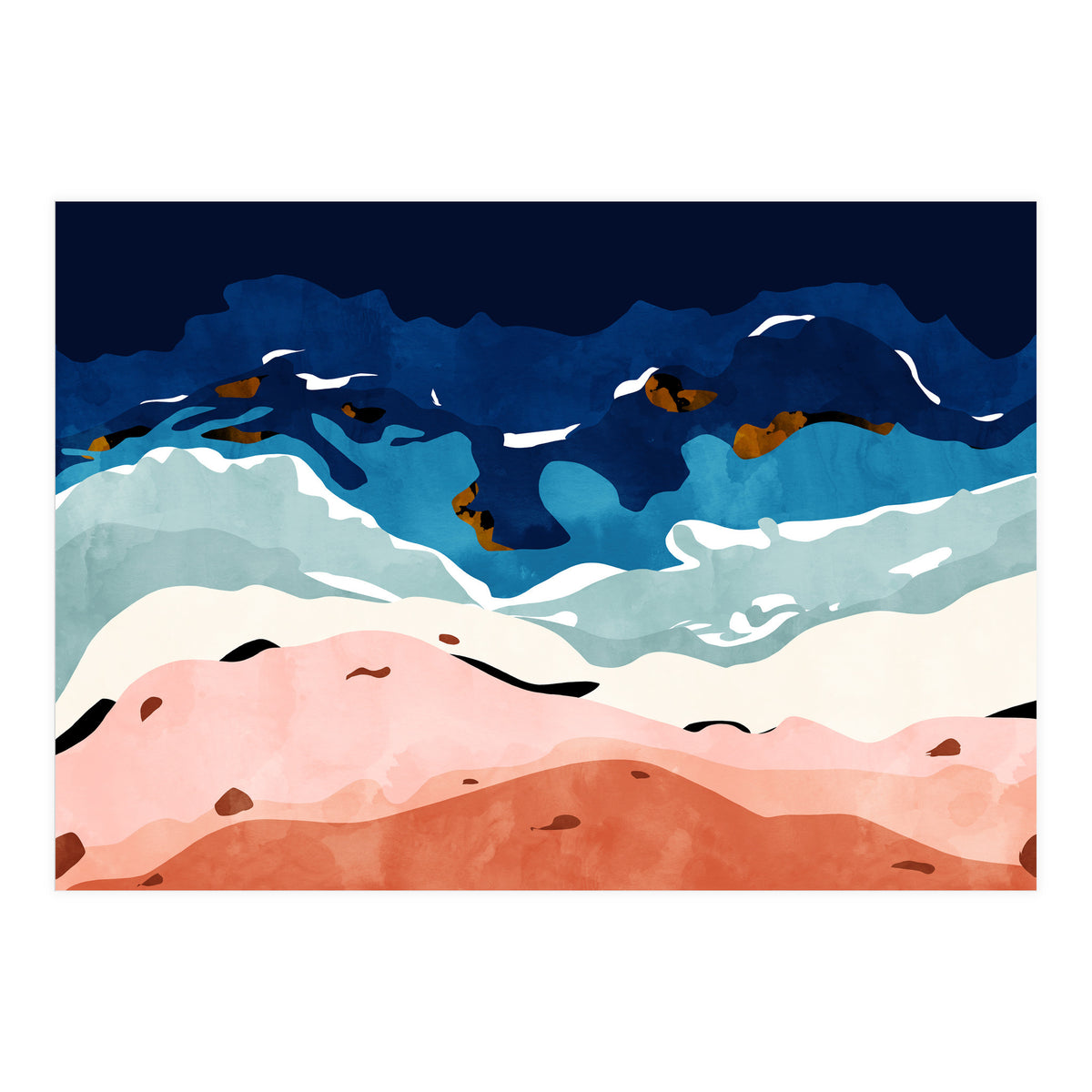 Ocean Heart, Abstract Sea Waves, Tropical Travel Watercolor Painting, Eclectic Bohemian Beach Nature (Print Only)