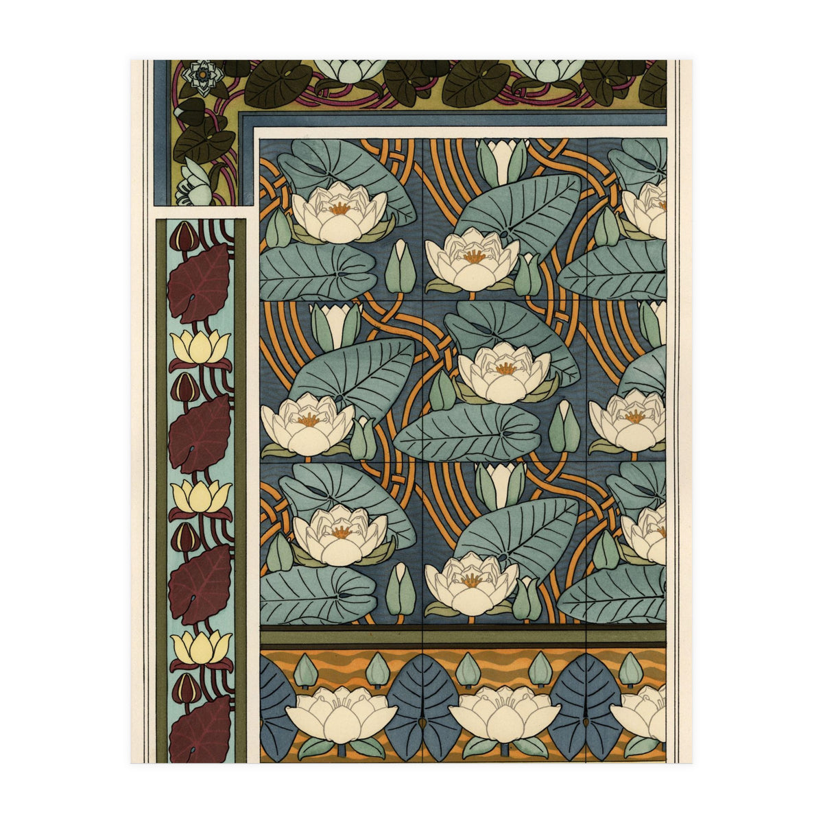 The water lily, Nelumbo lutea, in wallpaper and tile patterns. Lithograph by Verneuil. (Print Only)