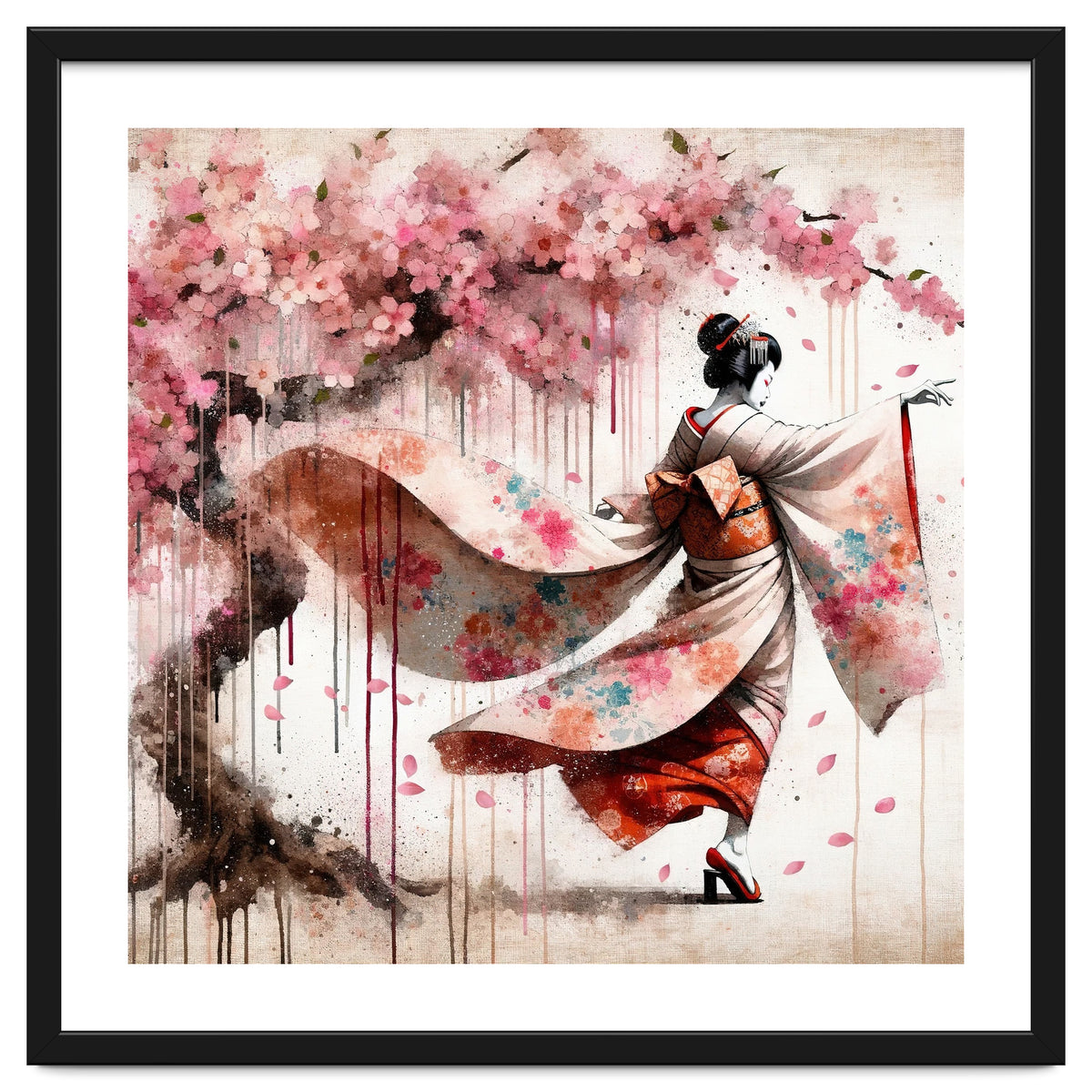 Geisha Under Cherry Blossoms In Motion
