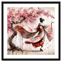 Geisha Under Cherry Blossoms In Motion
