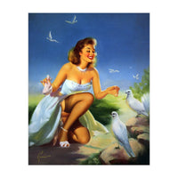 Beautiful Pinup Girl Feeding White Pigeons (Print Only)