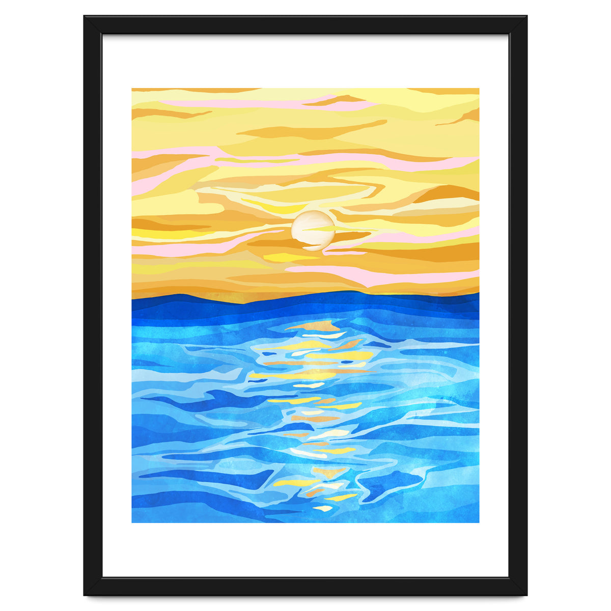Sunsets & Romance, Ocean Watercolor Painting, Mosaic Eclectic Nature Landscape, Modern Boho Travel