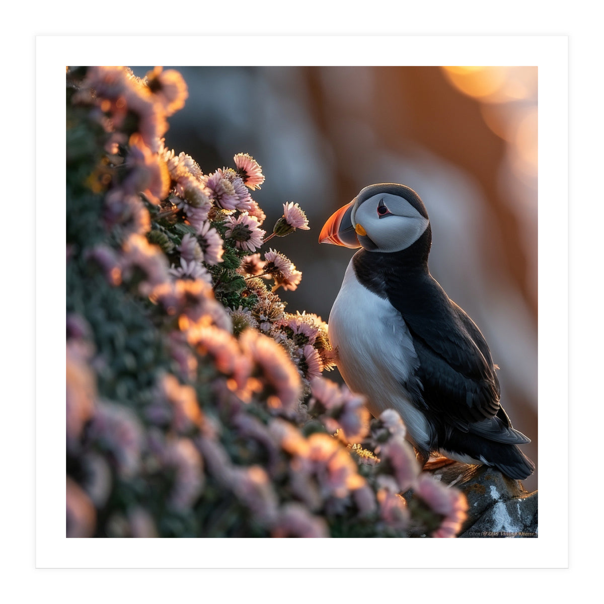 Puffin Bird On Rocks Near Pink Flowers At Sunset (Print Only)