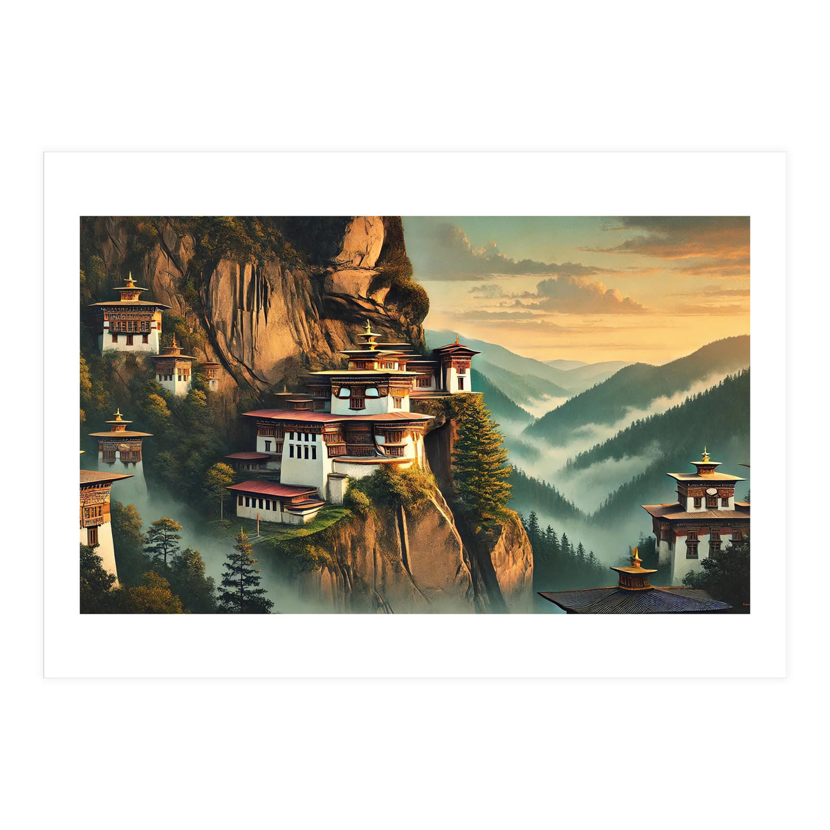 Vintage Bhutan, Mountain Monasteries Poster (Print Only)