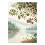 Tranquil Lakeside Forest Watercolor Painting with Overhanging Autumn Branches and Misty Mountain Reflection (Print Only) thumbnail