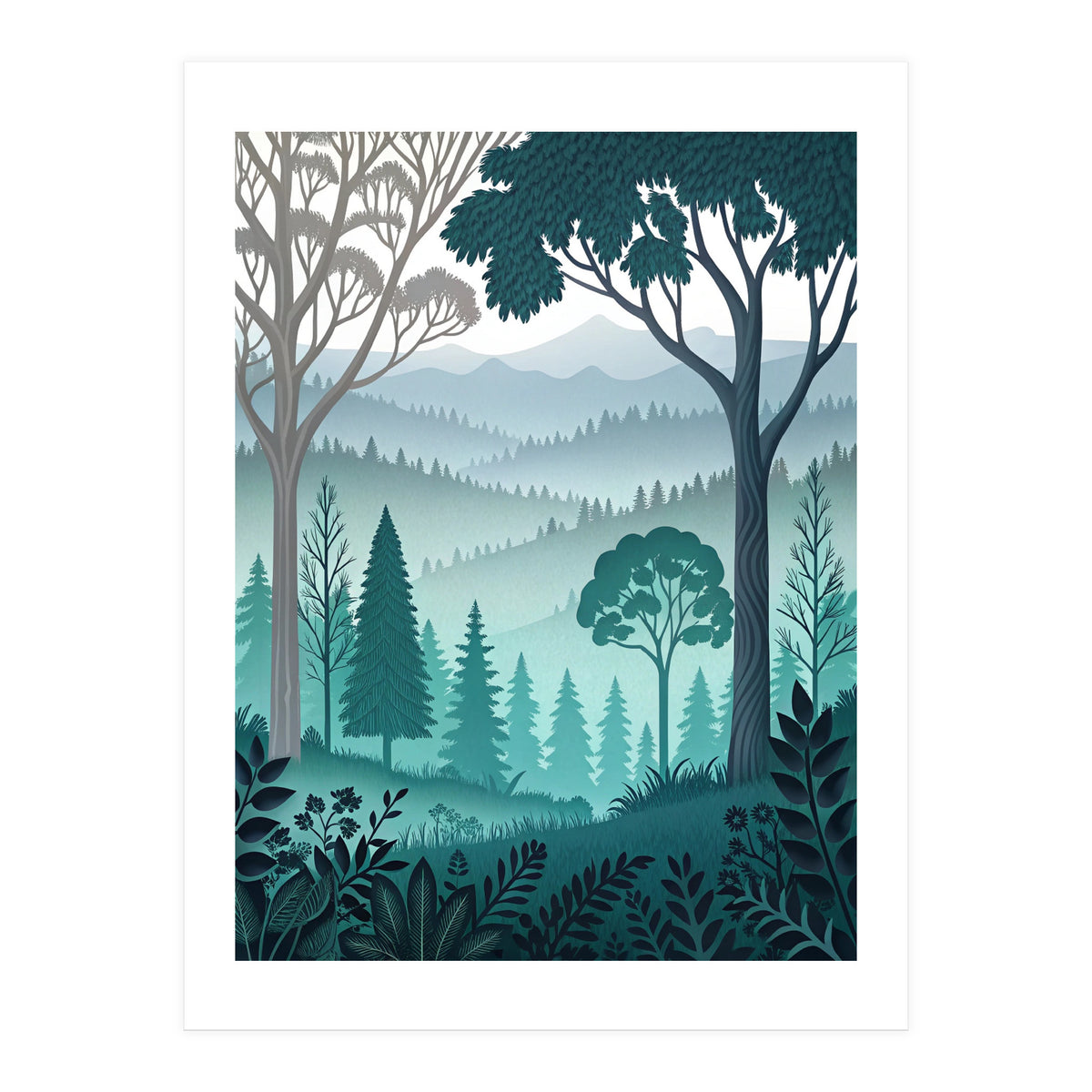 Vibrant Silhouettes in the Misty Teal Highlands (Print Only)
