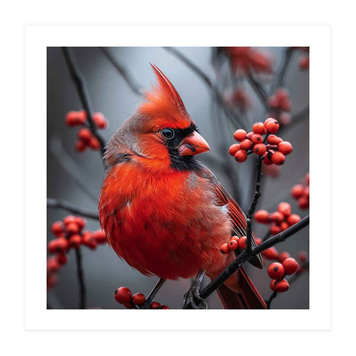 Northern Cardinal Bird Perched Among Red Berries (Print Only)