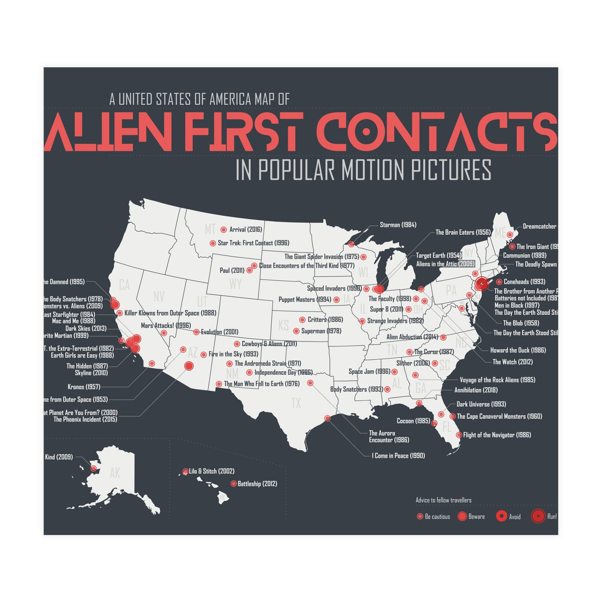 USA Map of Alien First Contacts in Movies (Print Only)