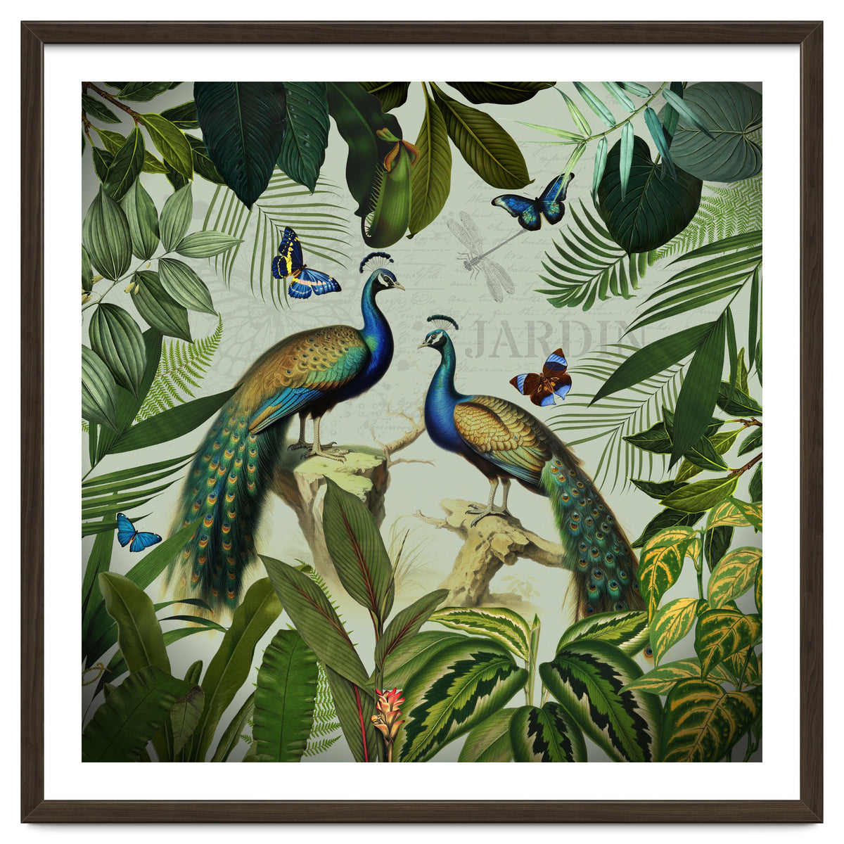Vintage Exotic Asian Peacocks In Tropical Jungle Landscape