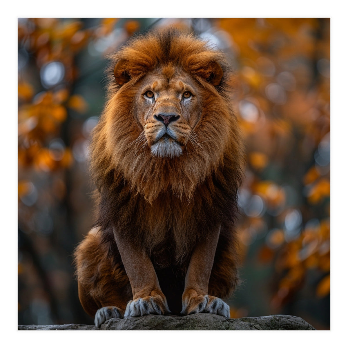 Majestic Lion Sitting On A Rock In Autumn Forest (Print Only)