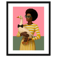 Stylish Woman Holding Goose In Striped Dress