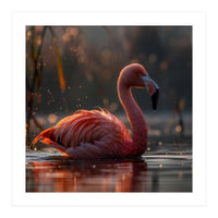Pink Flamingo Swimming In Sunlight Water (Print Only)