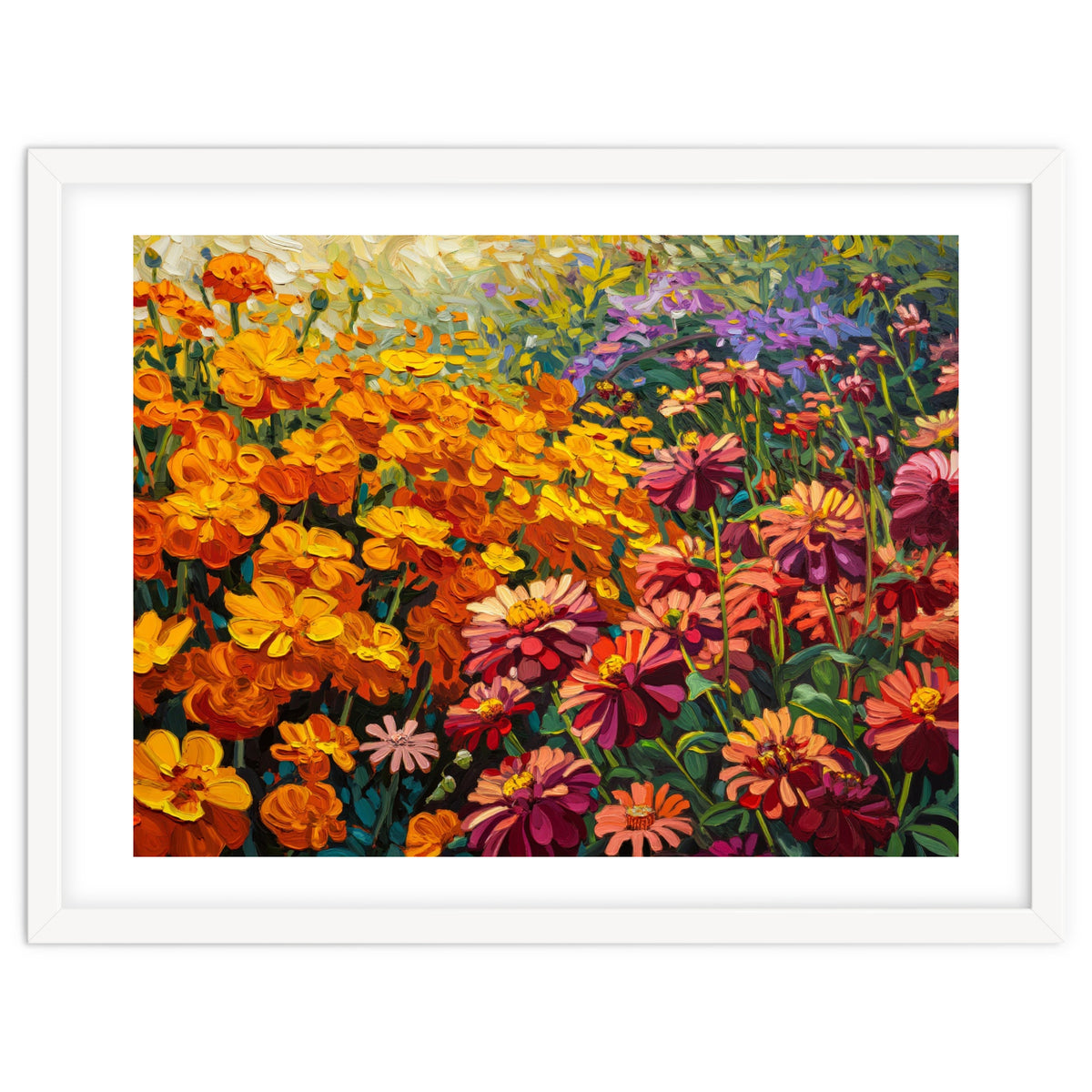 Radiant Summer Zinnia and Marigold Meadow Oil Painting