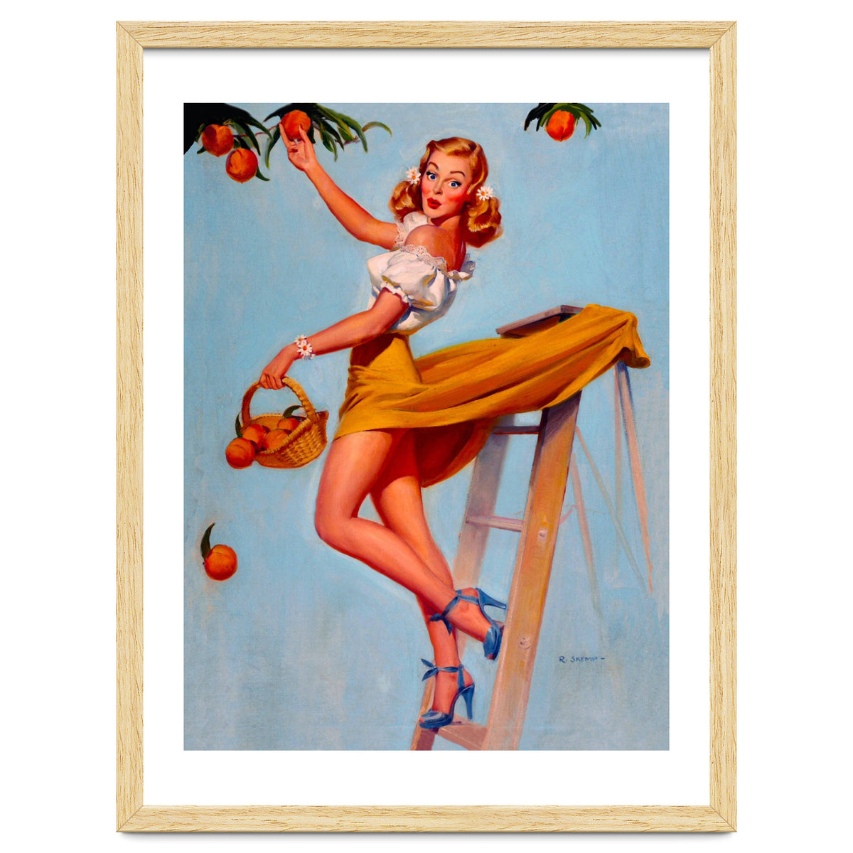 Pinup Sexy Woman Picking Oranges On A Tree Branch
