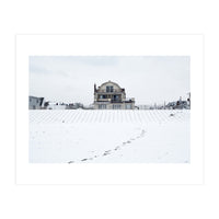 Footprints and house in winter snowscape (Print Only)