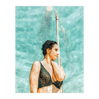 Bathe | Woman Pool Shower | Summer Swim Watercolor Painting | Brunette Bikini Boho Fashion (Print Only)