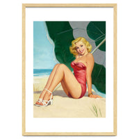 Sexy Pinup Girl On The Beach Under Big Sunshade