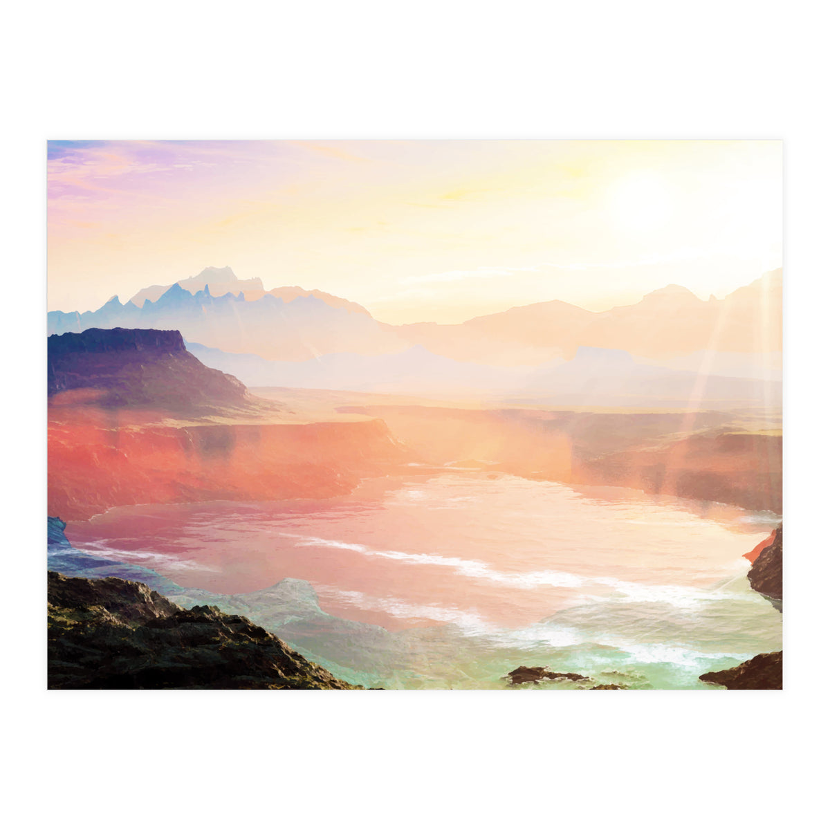 Sunrise Grandeur, Scenic Nature Landscape, Ocean Beach Travel Photography, Sea Waves Mindfulness (Print Only)