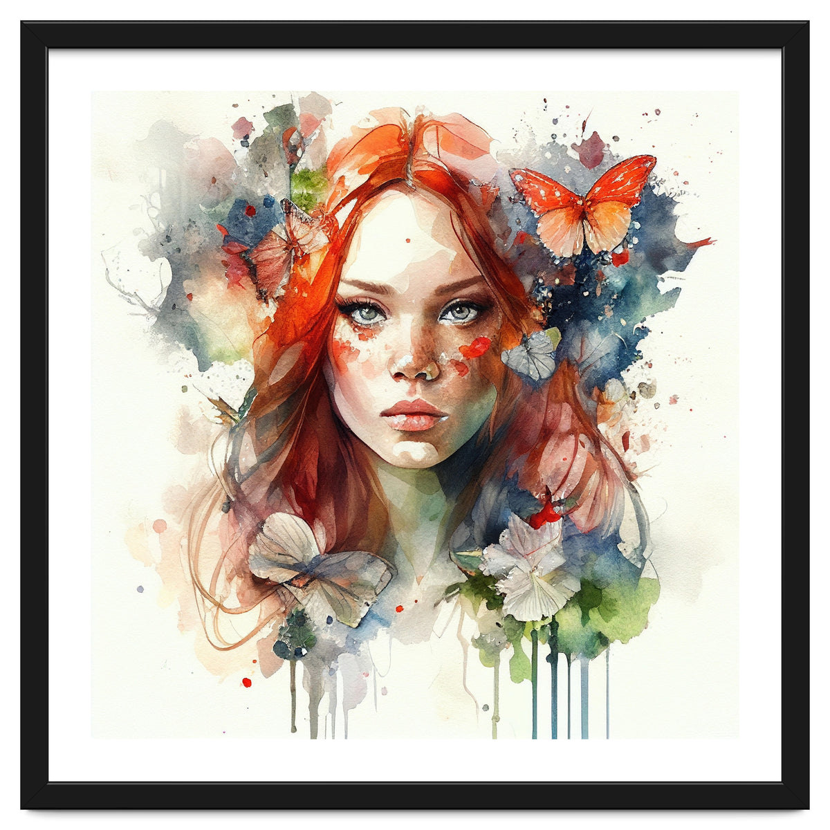 Watercolor Floral Red Hair Woman #7