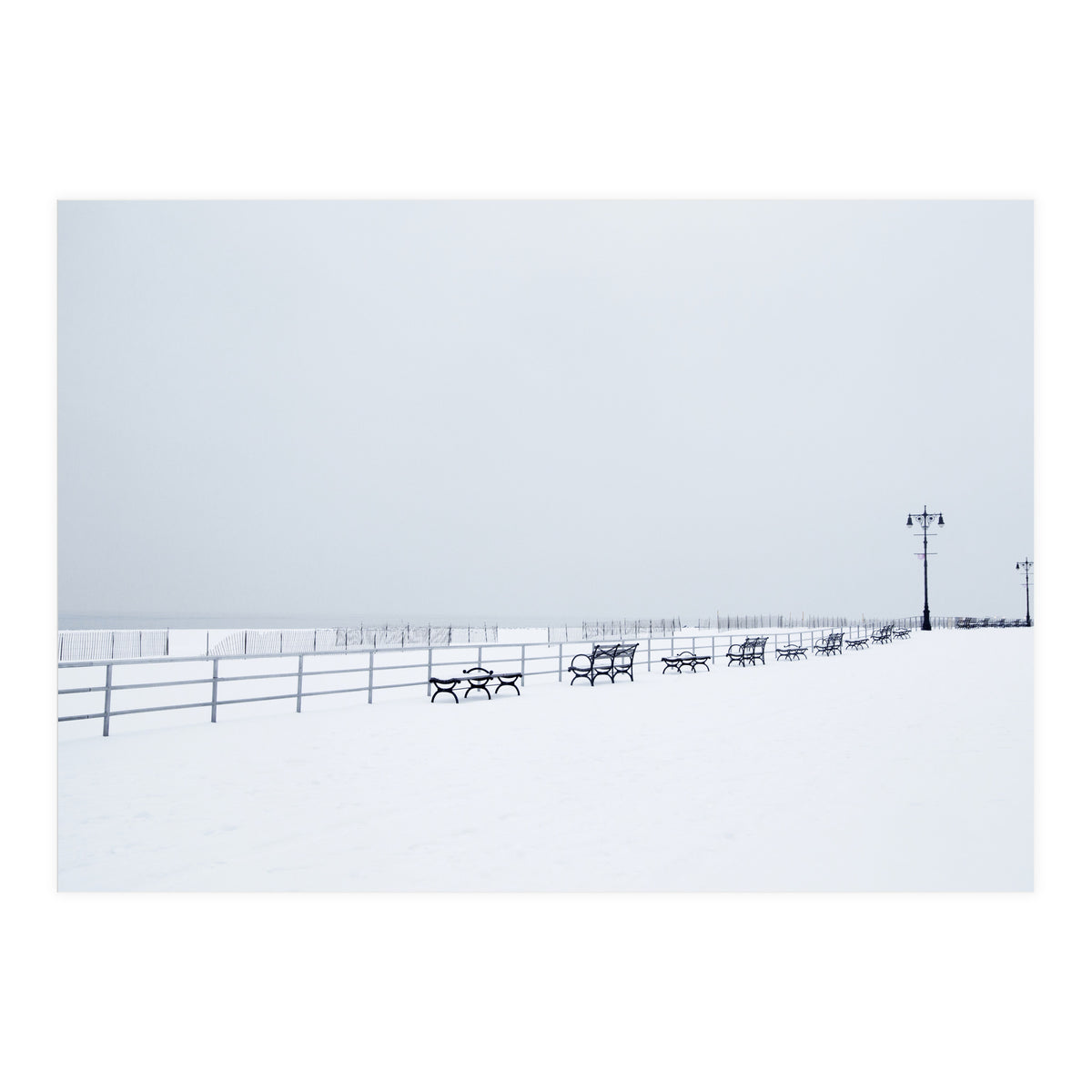 Benches along the pier on snow beach (Print Only)