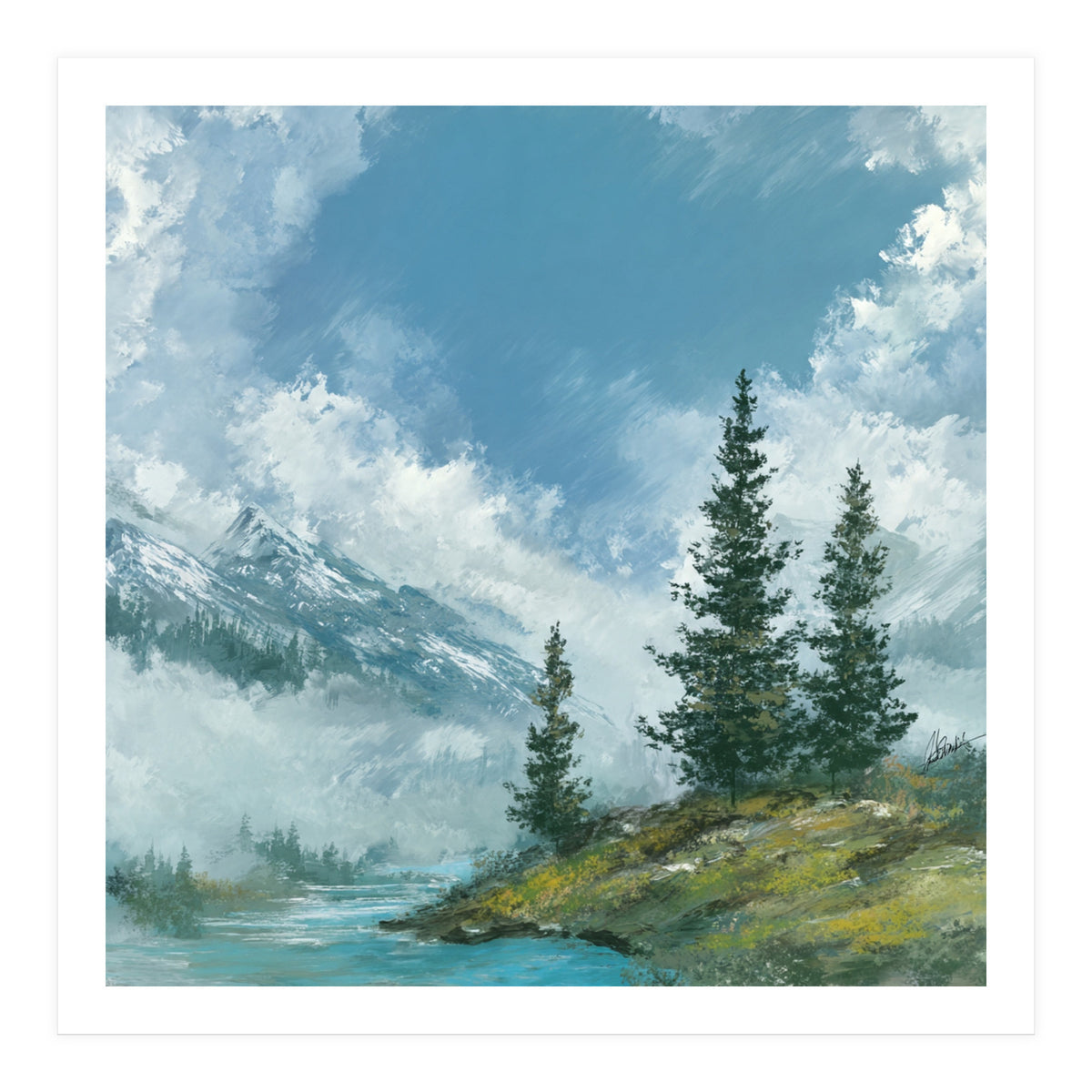 Ethereal Alpine River Valley with Snow-Capped Mountains (Print Only)