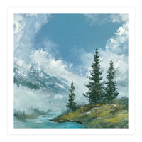 Ethereal Alpine River Valley with Snow-Capped Mountains (Print Only)