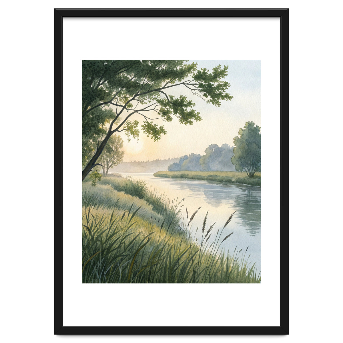 Serene River Sunrise Watercolor Painting with Meadow Grasses and Warm Golden Atmosphere Landscape