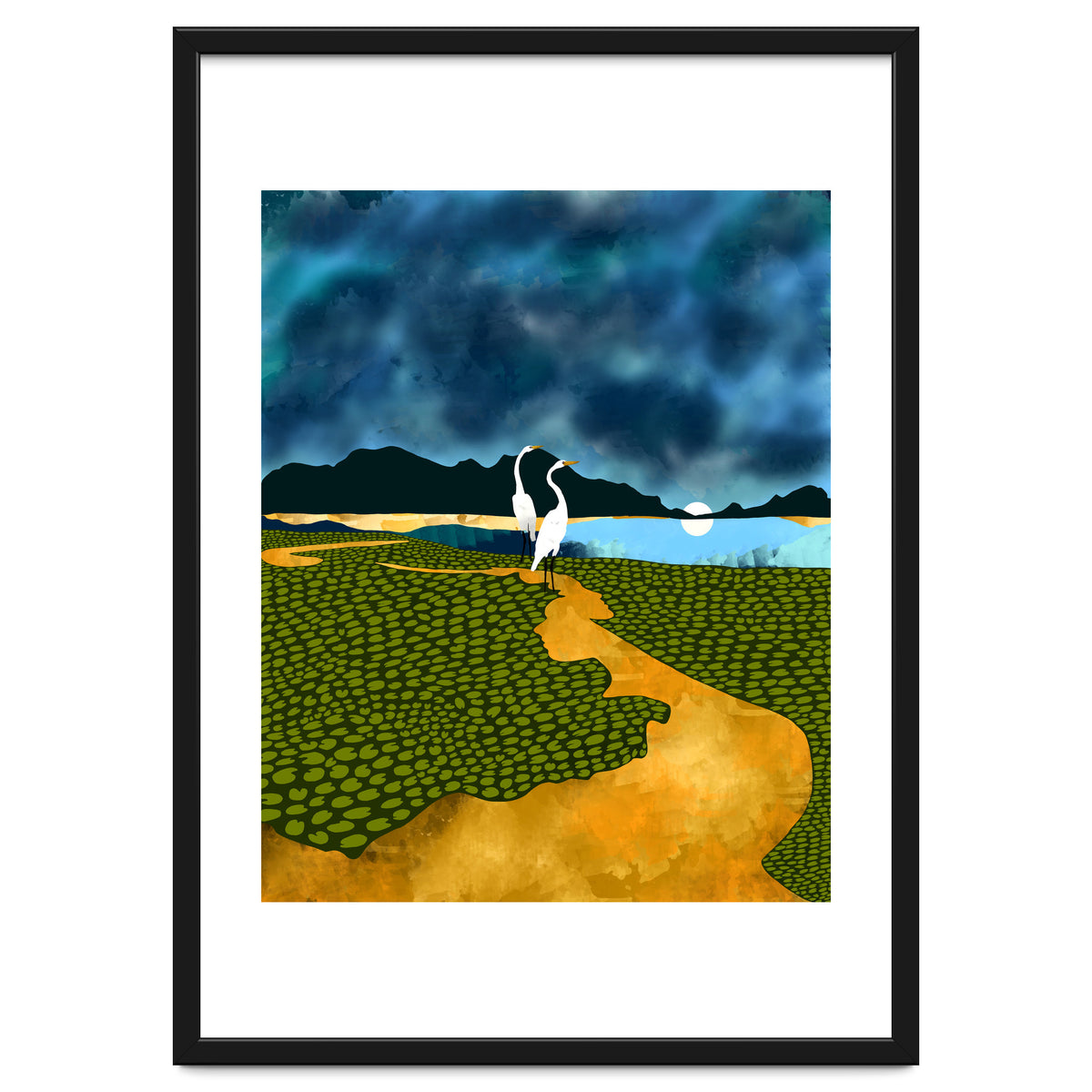 Great Egrets On Honeymoon Island, Heron Wildlife Painting Nature Landscape, Travel Dark Scenic Birds Love Animals Lake Bohemian