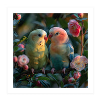Two Lovebirds Perched On A Branch Near Flowers (Print Only)