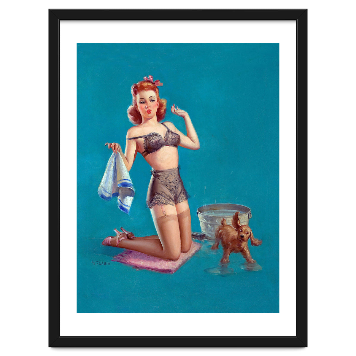 Pinup Girl Bathing A Dog