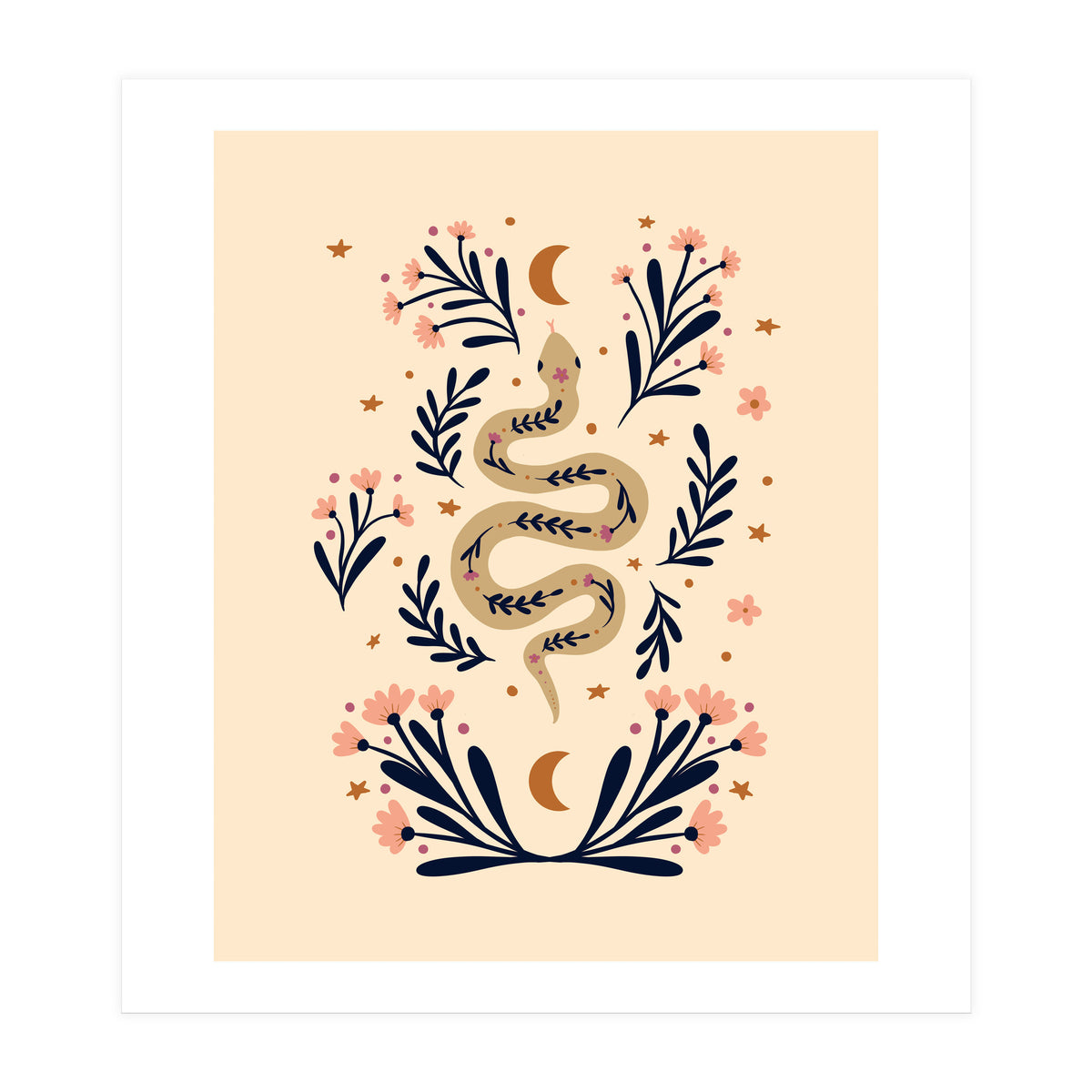 Snake And Flowers Beige And Indigo (Print Only)
